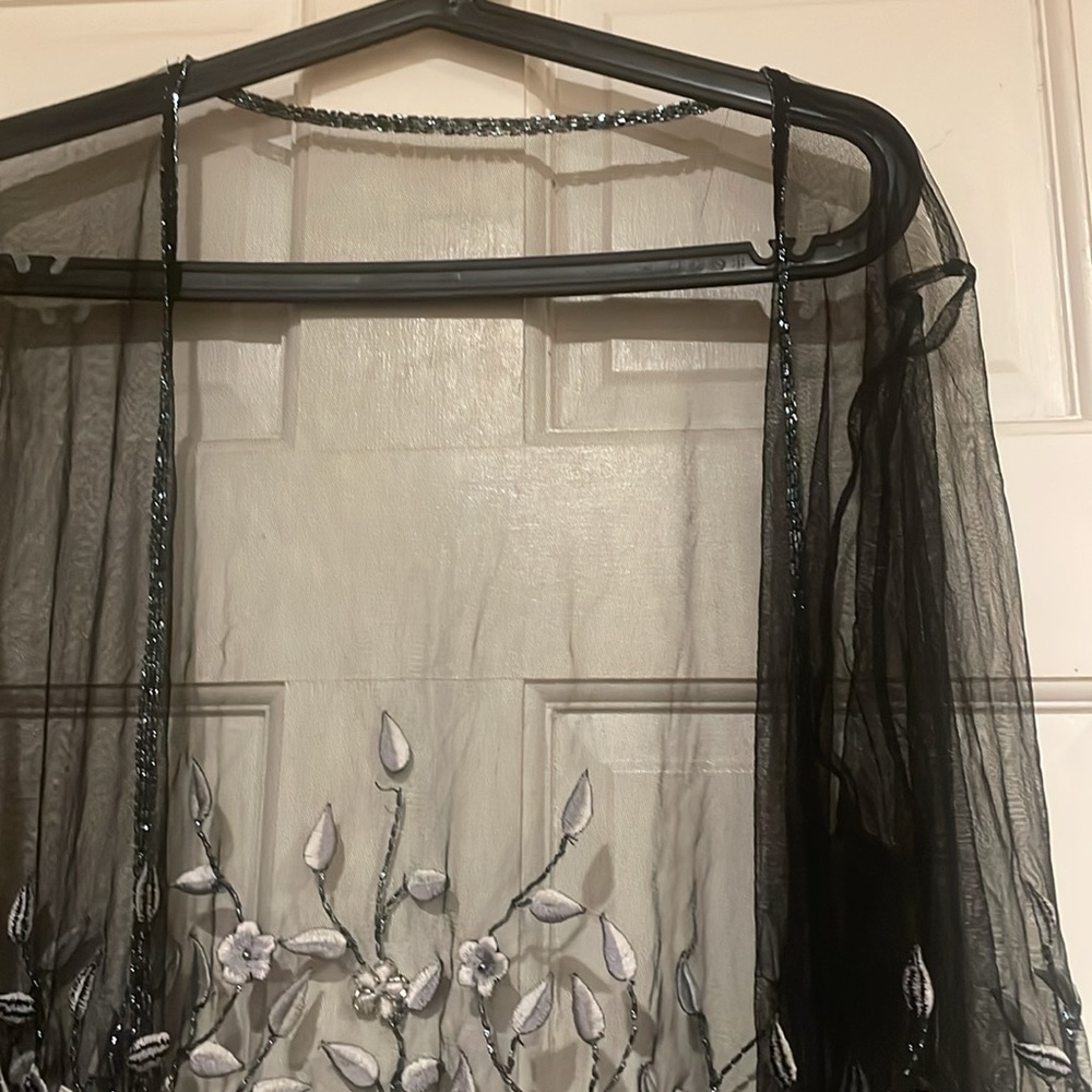 Black Sheer Embroidered Stole - Picture 3 of 6
